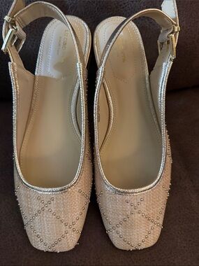 Liz Claiborne Beige and Gold  Slingback Flats with Stud Detail